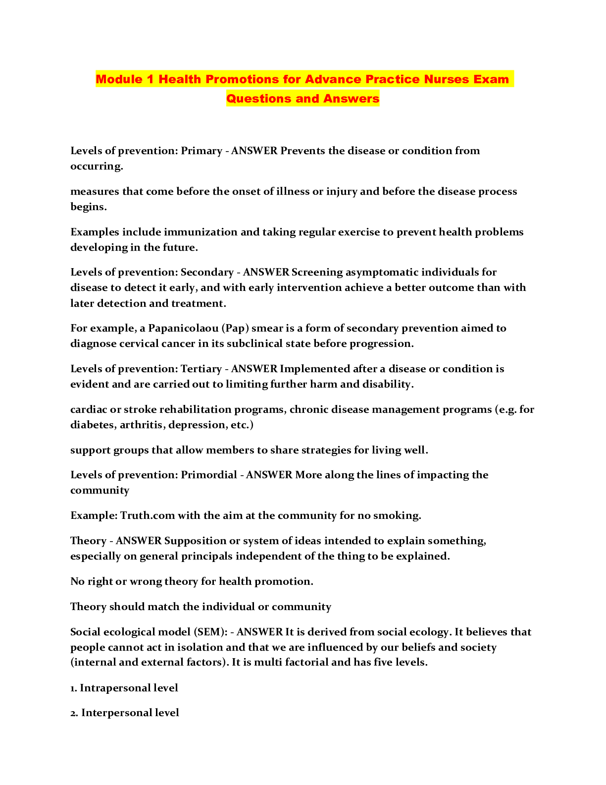 Preview image for Module 1 Health Promotions for Advance Practice Nurses Exam Questions and Answers